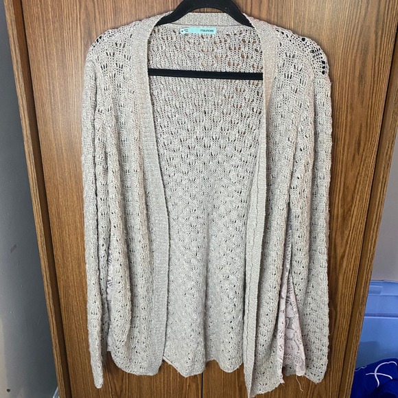 Maurices Sweaters - Maurices Cardigan Women Medium Beige Pointelle Knit Lace Side Panels Open Front